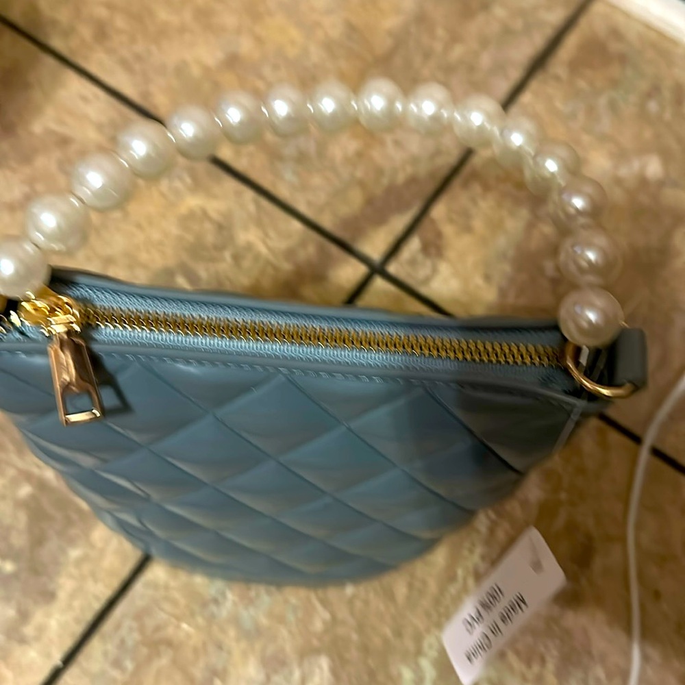 Light Blue Vinyl Minibag with Faux Pearl Handle